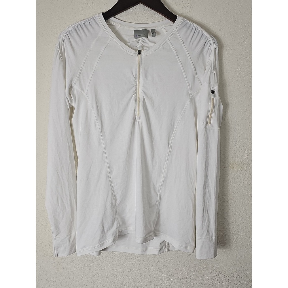 ATHLETA Bright White Zip Neck Lightweight Poly‎ Knit Long Sleeve Pullover Sz M
